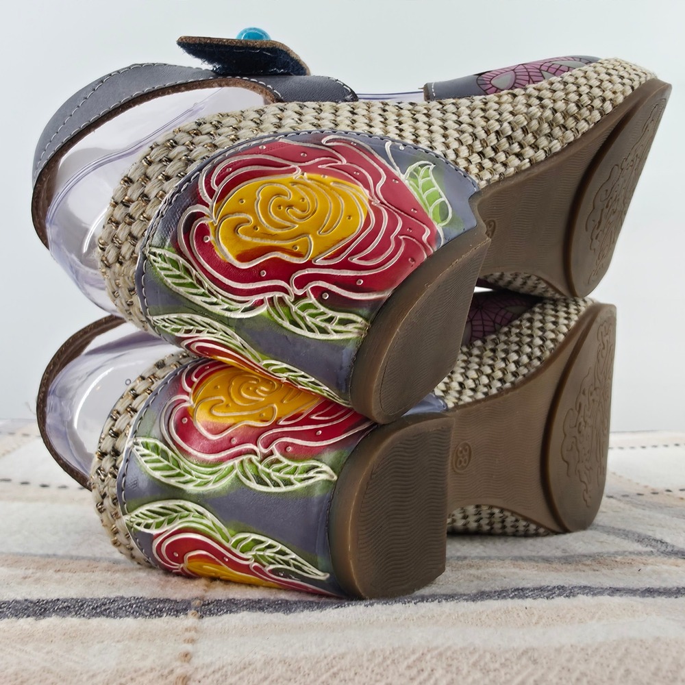 L'Artiste Fusta-Blum Leather Floral Wedge Sandals Women 38 Hand Painted Rose - Picture 8 of 15